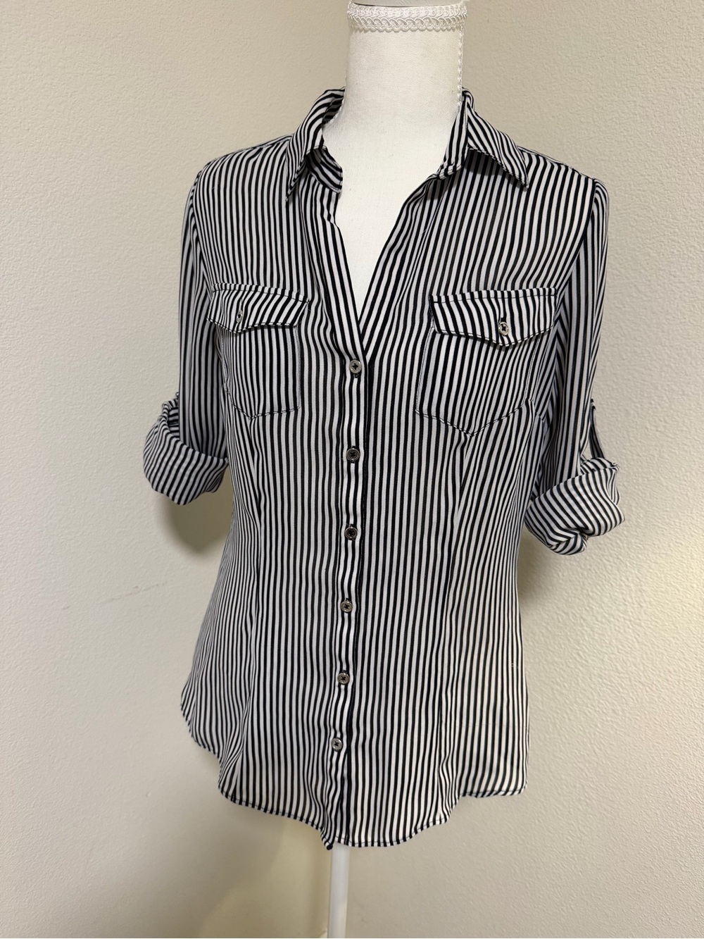 White House Black Market Black & White Vertical Stripe Button-Down Sheer Shirt